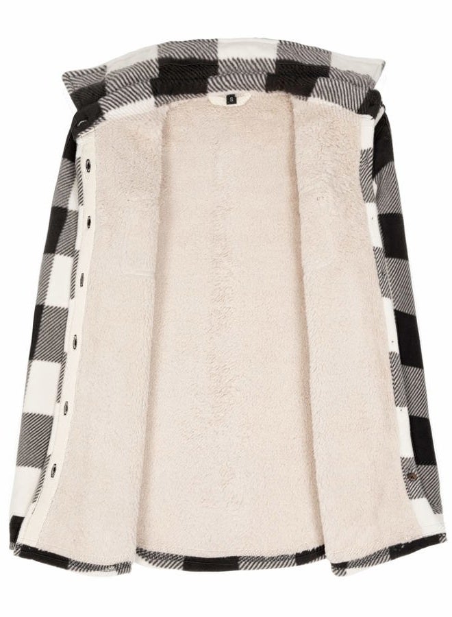 ThCreasa Womens Sherpa Fleece Lined Flannel Shirt Jacket Warm Button Up Plaid Shirt Jac (Sherpa Fleece Throughout), Sherpa Lined Black and White, L - Image 5