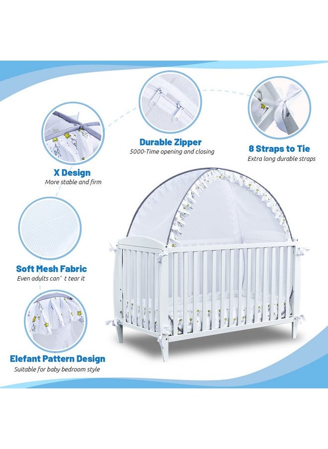 South To East - South to East Crib Tent - Pop Up Baby Safety Crib Cover to Keep Baby from Climbing Out, 2 Locking Zippers, Breathable Mesh for Crib, Crib Net to Keep Baby in, Ruffles with Elephant and Star Pattern - Image 1