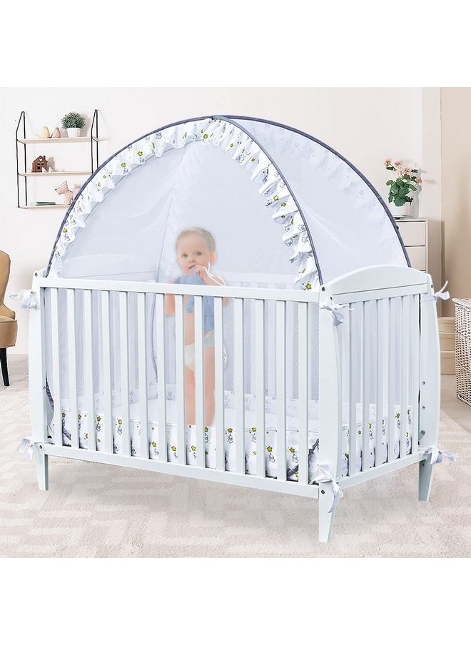 South To East - South to East Crib Tent - Pop Up Baby Safety Crib Cover to Keep Baby from Climbing Out, 2 Locking Zippers, Breathable Mesh for Crib, Crib Net to Keep Baby in, Ruffles with Elephant and Star Pattern - Image 1