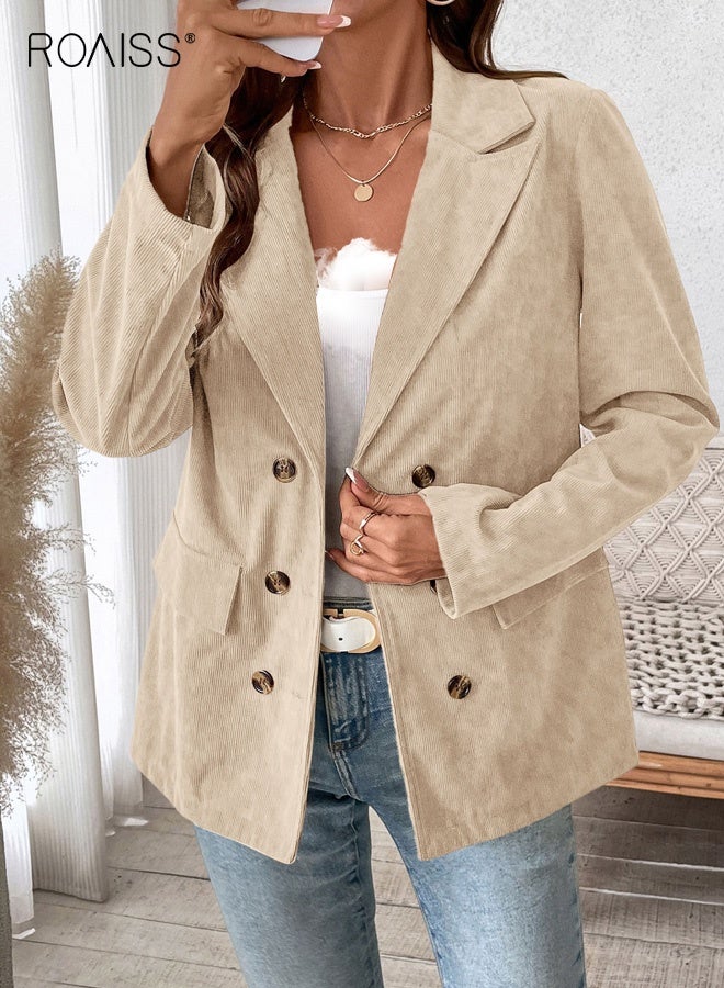 roaiss Women's Loose-Fit Suit Jacket with Double-Breasted, Long-Sleeved Deep V-Neck p Polyester Top, Apricot, M-XL. - Image 1