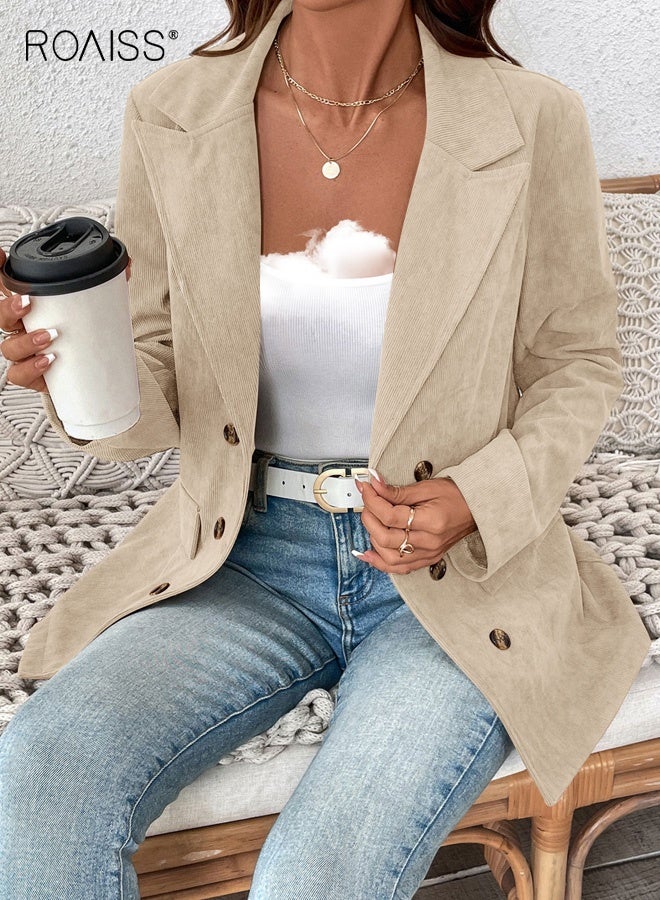 roaiss Women's Loose-Fit Suit Jacket with Double-Breasted, Long-Sleeved Deep V-Neck p Polyester Top, Apricot, M-XL. - Image 5