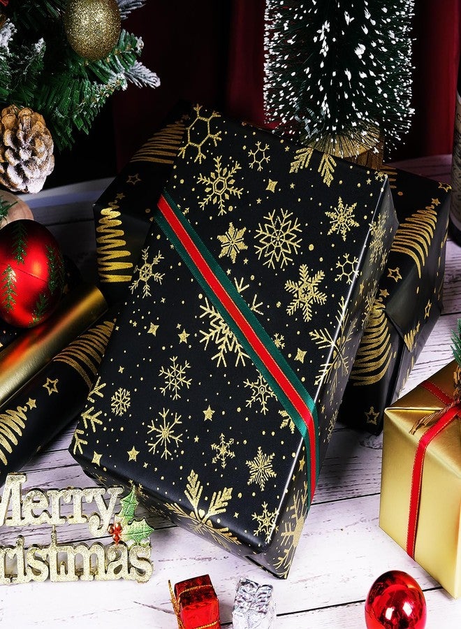 KESTAR Christmas Wrapping Paper Rolls, Mini Roll - 3 Rolls Black and Gold Xmas Wrapping Paper, Gold Foil Christmas Trees and Snowflake Wrapping Paper for Xmas, New Year, Winter Holiday, Party, 17 x 120 Inch Each Roll - Image 5