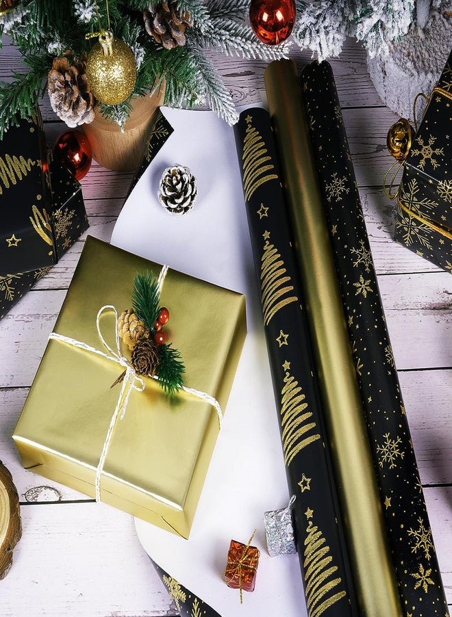 KESTAR Christmas Wrapping Paper Rolls, Mini Roll - 3 Rolls Black and Gold Xmas Wrapping Paper, Gold Foil Christmas Trees and Snowflake Wrapping Paper for Xmas, New Year, Winter Holiday, Party, 17 x 120 Inch Each Roll - Image 4