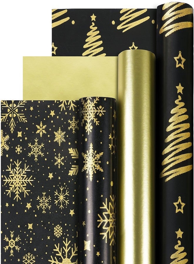 KESTAR Christmas Wrapping Paper Rolls, Mini Roll - 3 Rolls Black and Gold Xmas Wrapping Paper, Gold Foil Christmas Trees and Snowflake Wrapping Paper for Xmas, New Year, Winter Holiday, Party, 17 x 120 Inch Each Roll - Image 1