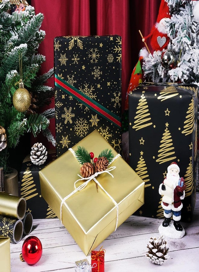 KESTAR Christmas Wrapping Paper Rolls, Mini Roll - 3 Rolls Black and Gold Xmas Wrapping Paper, Gold Foil Christmas Trees and Snowflake Wrapping Paper for Xmas, New Year, Winter Holiday, Party, 17 x 120 Inch Each Roll - Image 3