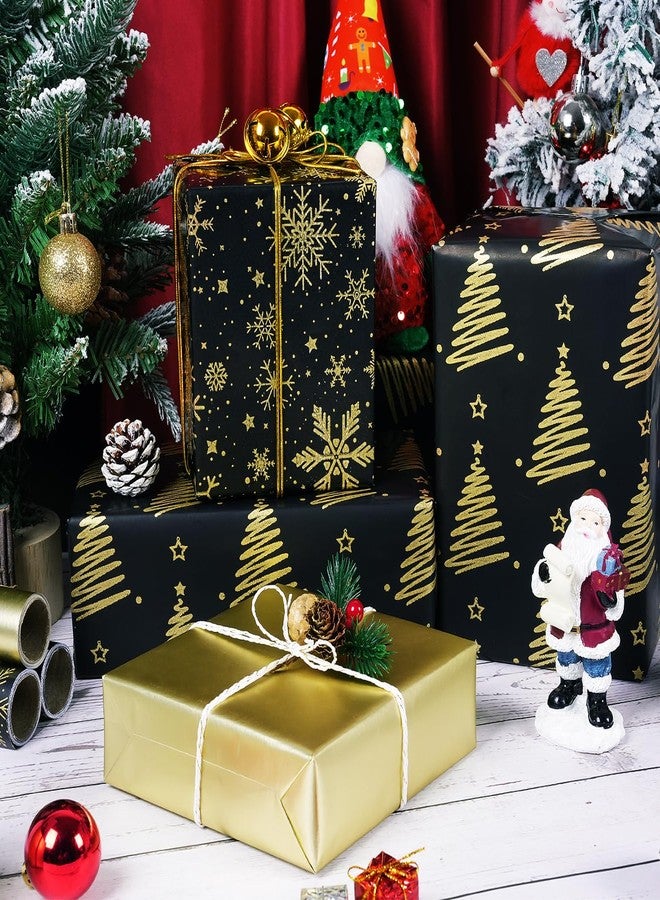 KESTAR Christmas Wrapping Paper Rolls, Mini Roll - 3 Rolls Black and Gold Xmas Wrapping Paper, Gold Foil Christmas Trees and Snowflake Wrapping Paper for Xmas, New Year, Winter Holiday, Party, 17 x 120 Inch Each Roll - Image 2