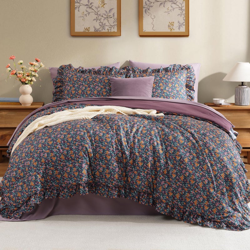 BLOOMHAVEN Full Comforter Set - 7 Pieces Ruffle Purple Ditzy Bedding Sets, Shabby Chic Farmhouse Bed in a Bag with Ruffle Comforter, Sheets, Pillowcases & Shams - Image 1