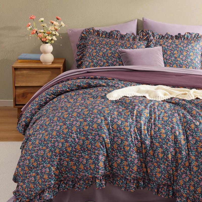 BLOOMHAVEN Full Comforter Set - 7 Pieces Ruffle Purple Ditzy Bedding Sets, Shabby Chic Farmhouse Bed in a Bag with Ruffle Comforter, Sheets, Pillowcases & Shams - Image 5