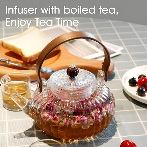 Gipibox®Glass Teapot with Infuser, Stovetop & Microwave Safe Borosilicate Glass Kettle with Wooden Handle for Loose Leaf and Fruit Tea Kettle (Clear - 1 Liter) - Image 5