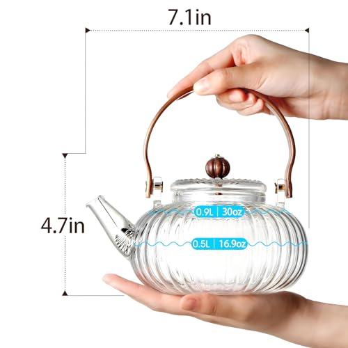 Gipibox®Glass Teapot with Infuser, Stovetop & Microwave Safe Borosilicate Glass Kettle with Wooden Handle for Loose Leaf and Fruit Tea Kettle (Clear - 1 Liter) - Image 2