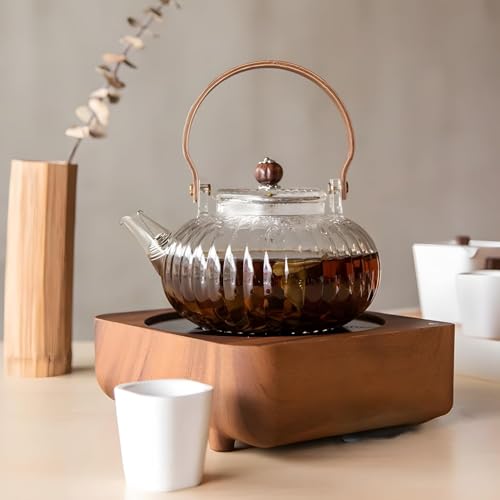 Gipibox®Glass Teapot with Infuser, Stovetop & Microwave Safe Borosilicate Glass Kettle with Wooden Handle for Loose Leaf and Fruit Tea Kettle (Clear - 1 Liter) - Image 1