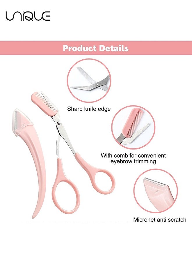 Unique - 3 Pcs Eyebrow Trimmer Tool - Eyebrow Scissors with Comb - Eyebrow With Comb for Beginner Women Girls Stainless Steel Razor (Pink) - Image 1