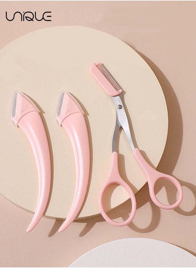 Unique - 3 Pcs Eyebrow Trimmer Tool - Eyebrow Scissors with Comb - Eyebrow With Comb for Beginner Women Girls Stainless Steel Razor (Pink) - Image 1