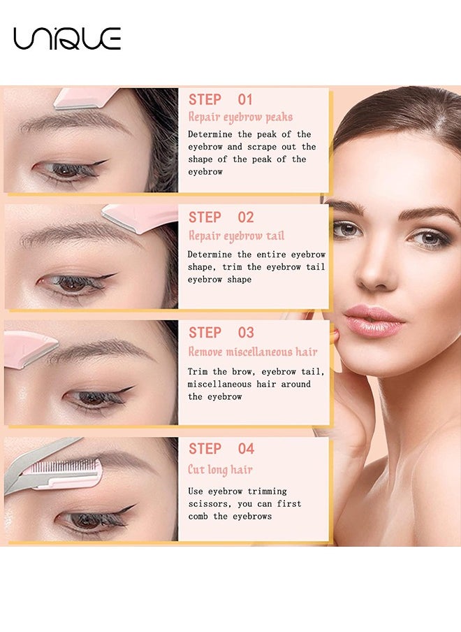 Unique - 3 Pcs Eyebrow Trimmer Tool - Eyebrow Scissors with Comb - Eyebrow With Comb for Beginner Women Girls Stainless Steel Razor (Pink) - Image 1