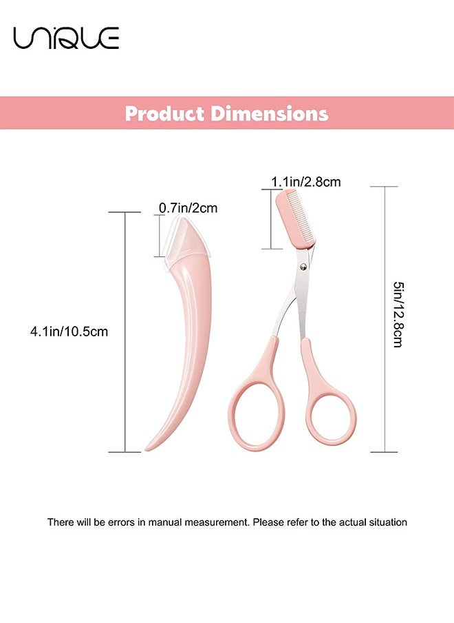 Unique - 3 Pcs Eyebrow Trimmer Tool - Eyebrow Scissors with Comb - Eyebrow With Comb for Beginner Women Girls Stainless Steel Razor (Pink) - Image 1