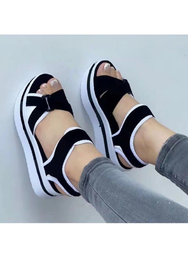 Women's Shoes New Style European And American Large Size Thick-soled Sandals Women's Flat-soled Velcro Women's Beach Sandals