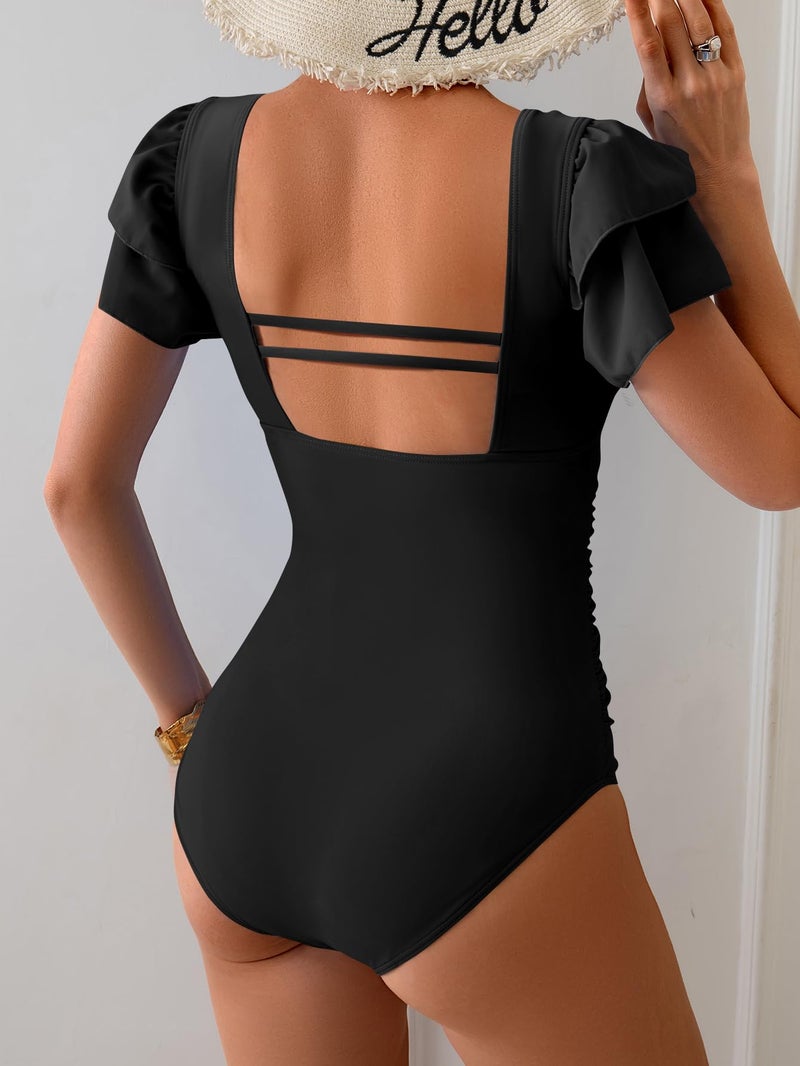 Eomenie Women's Tummy Control One Piece Swimsuit Ruffle Square Neck Bathing Suit Ruched Cutout Back Slimming Swimwear Black - Image 2