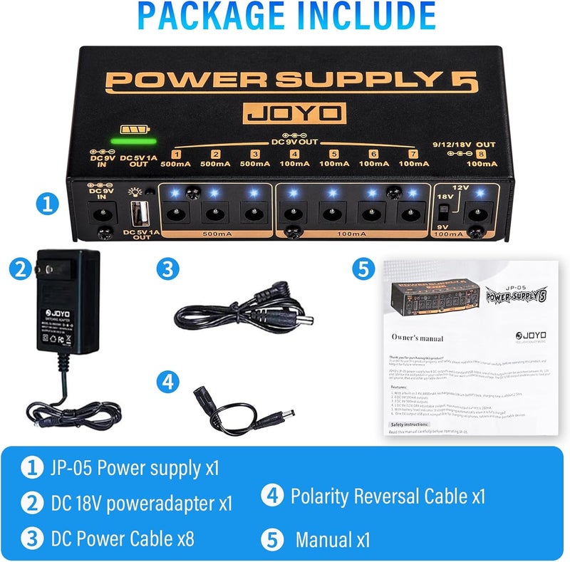 JOYO مزود طاقة دواسات الجيتار القابل لإعادة الشحن مع 8 مخرجات معزولة DC 9V 12V 18V (100mA، 500mA) ومنفذ USB لدواسات تأثير لوحة الدواسات (JP-05) - Image 4