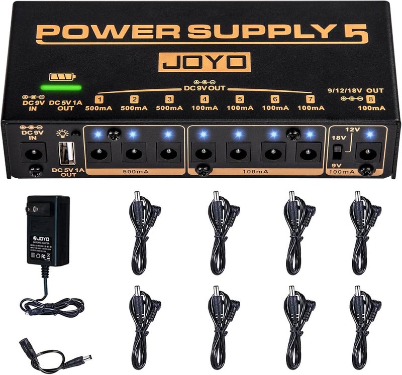 JOYO مزود طاقة دواسات الجيتار القابل لإعادة الشحن مع 8 مخرجات معزولة DC 9V 12V 18V (100mA، 500mA) ومنفذ USB لدواسات تأثير لوحة الدواسات (JP-05) - Image 1