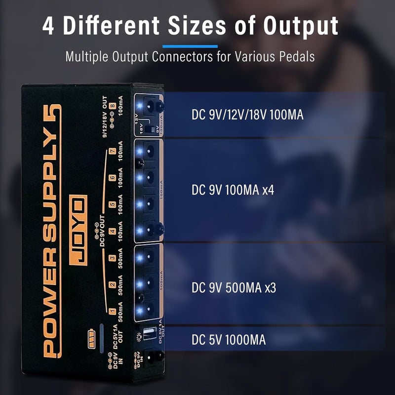 JOYO مزود طاقة دواسات الجيتار القابل لإعادة الشحن مع 8 مخرجات معزولة DC 9V 12V 18V (100mA، 500mA) ومنفذ USB لدواسات تأثير لوحة الدواسات (JP-05) - Image 3