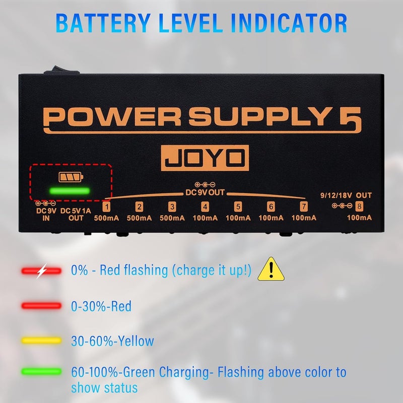 JOYO مزود طاقة دواسات الجيتار القابل لإعادة الشحن مع 8 مخرجات معزولة DC 9V 12V 18V (100mA، 500mA) ومنفذ USB لدواسات تأثير لوحة الدواسات (JP-05) - Image 5