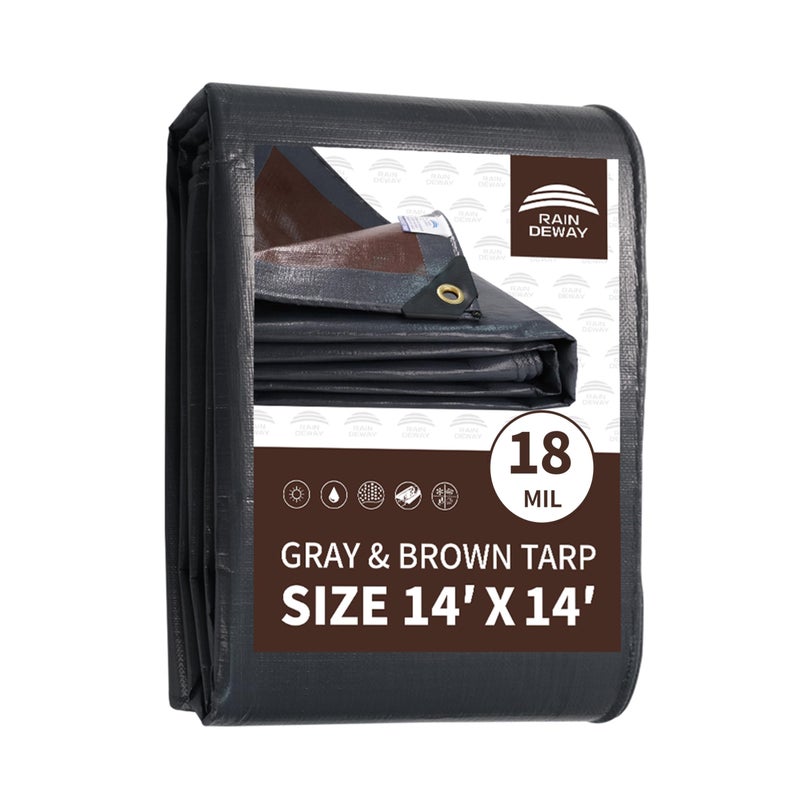 Raindeway 14X14 Feet Super Heavy Duty Tarp 18 Mil  Uv Resistant  Weatherproof  Multipurpose Waterproof Poly Tarp With Grommets And Reinforced Edges  Brown/Gray Tarp - Image 1