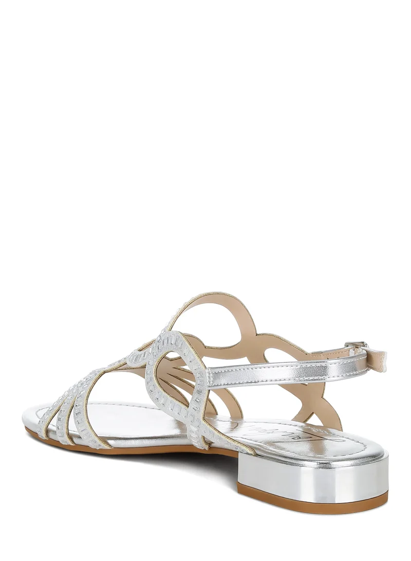 London Rag Cut Out Detail Rhinestone Flat Sandals in Silver