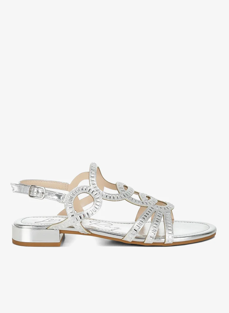 Cut Out Detail Rhinestone Flat Sandals in Silver