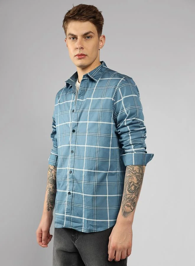 Slim Fit Blue Men's Solid Shirt, Spread Collar, Full Sleeves, 100% Cotton,