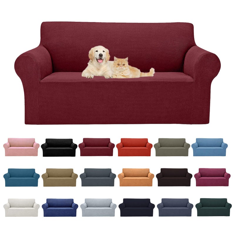 Cupuamon 2024 Newest Stretch Loveseat Sofa Slipcovers Couch Cover for 2 Cushion Furniture Protector Sofa Covers with Elastic Bottom Jacquard Fabric Small Checks for Pets, Kids - Dark Red - Image 1