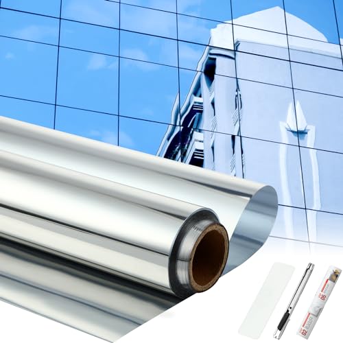 Pushglossy 48 Inch X 26 Ft One Way Window Tint Privacy Reflective Daytime Mirror Film Sun Blocking Thermal Insulated Film Heat Control Static Cling Anti UV for Home Office Silver
