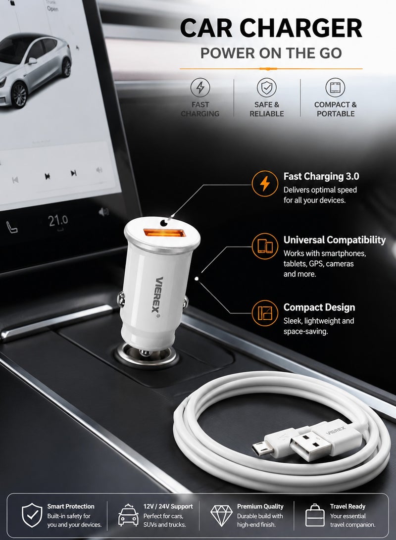 Vierex محول شاحن السيارة Quick Charge 3.0، شاحن سريع 3.1A بمنفذ USB لولاعة السجائر مع تحديد ذكي وكابل شحن ميكرو - Image 3