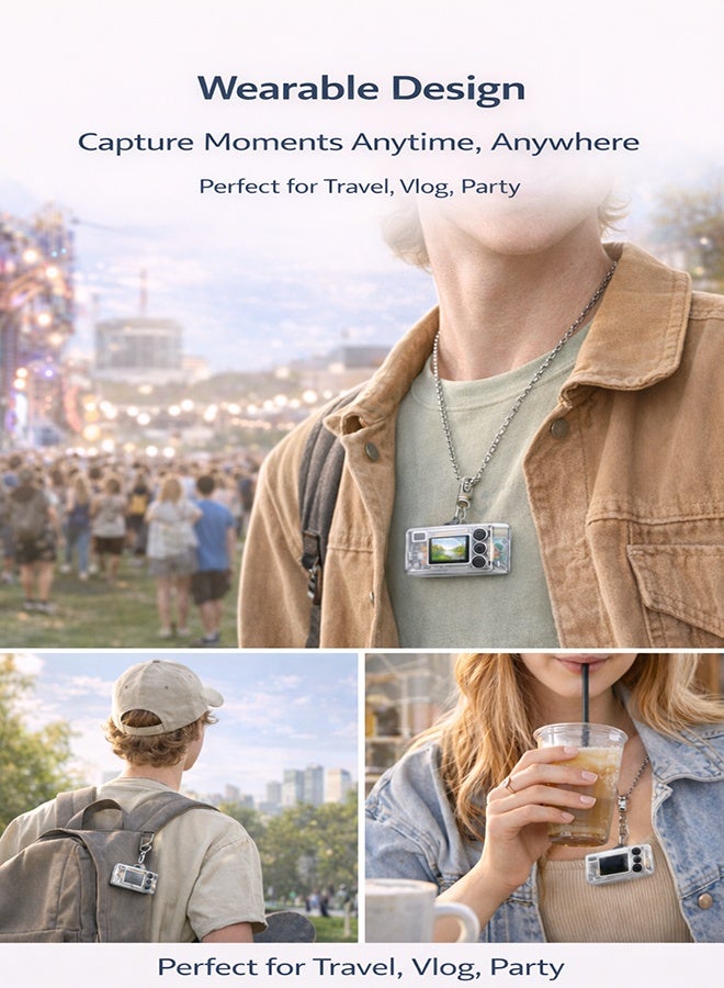 نييكام كاميرا صغيرة بتصميم ريترو بدقة 1080P HD - مسجل فيديو رقمي محمول مع ميدالية مفاتيح، شاشة LCD مقاس 0.96 بوصة، عدسة بزاوية واسعة 130 درجة، وإضاءة مدمجة - تشمل بطاقة ذاكرة 32 جيجابايت - كاميرا جيب لمدونات الفيديو (Vlog) للأطفال والمراهقين والسفر (لون شفاف) - Image 4