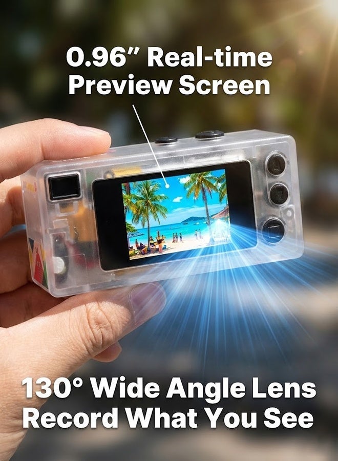 Mini Retro Thumb Camera 1080P HD Video Recorder – Portable Keychain Digital Camera with 0.96" LCD Screen, 130° Wide Angle Lens, and Fill Light – 32GB Memory Card Included – Pocket Vlog Camera for Kids, Teens, and Travel (Transparent) - Image 5
