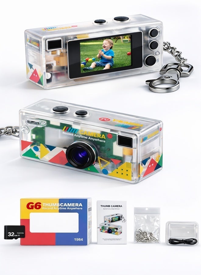 Mini Retro Thumb Camera 1080P HD Video Recorder – Portable Keychain Digital Camera with 0.96" LCD Screen, 130° Wide Angle Lens, and Fill Light – 32GB Memory Card Included – Pocket Vlog Camera for Kids, Teens, and Travel (Transparent) - Image 1