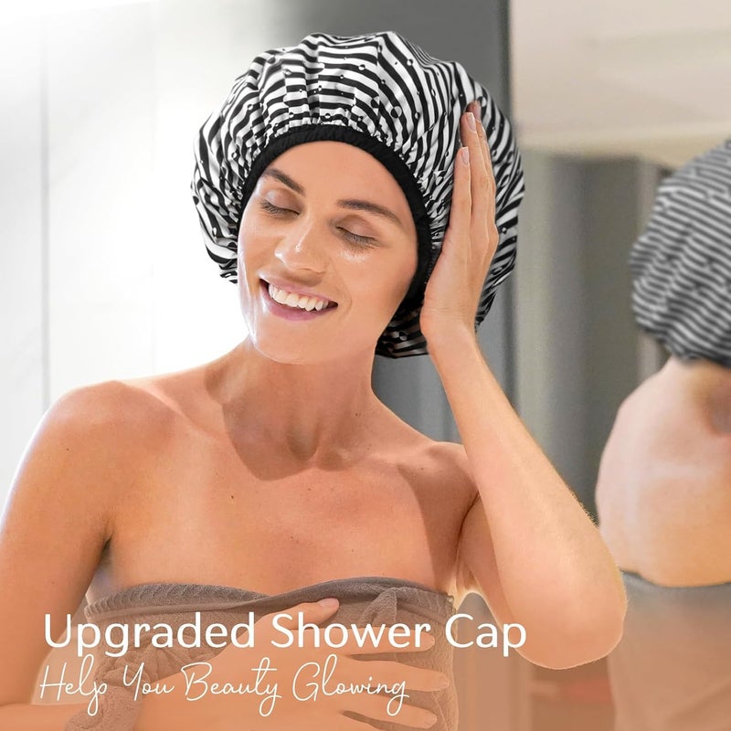 Excefore Luxury Shower Cap for Women, Double Layer Waterproof and Reusable Bath Bonnet, Washable Hair Protection Hat with Soft Non-Slip Elastic Band (Black Stripe) - Image 4