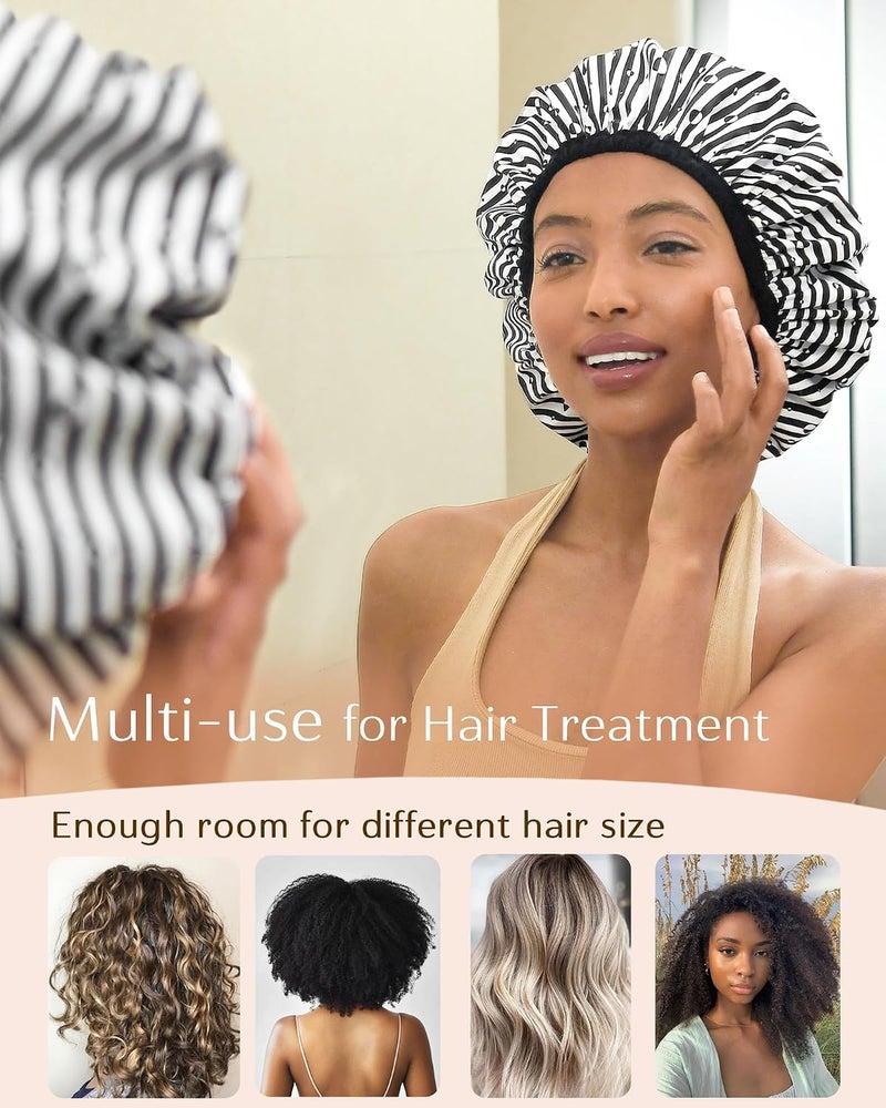 Excefore Luxury Shower Cap for Women, Double Layer Waterproof and Reusable Bath Bonnet, Washable Hair Protection Hat with Soft Non-Slip Elastic Band (Black Stripe) - Image 2