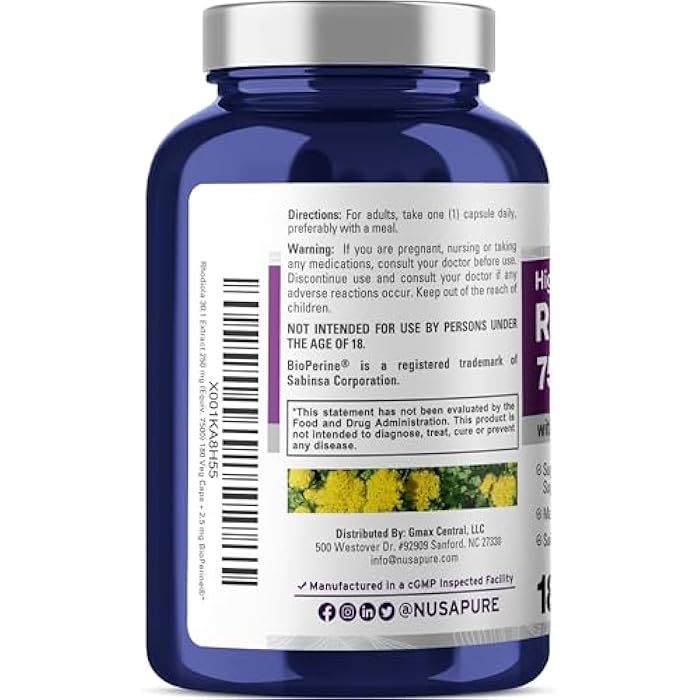 NusaPure Rhodiola Rosea 7,500mg 180 Veggie Capsules (Non-GMO, Extract 30:1, Vegan & Gluten-Free) Bioperine - Image 3