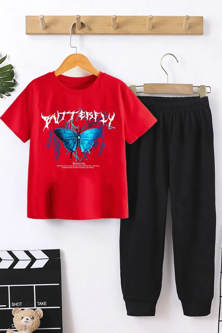 ONLYTRENDWEAR Kids Blue Butterfly Bottom - Top Tracksuit Set 3-4 Years Old Red