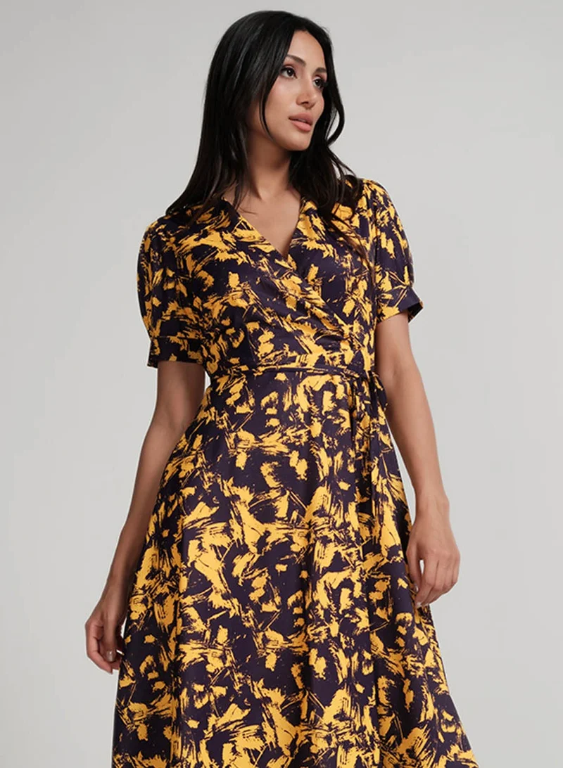 Zigzag Printed Wrap Midi Dress