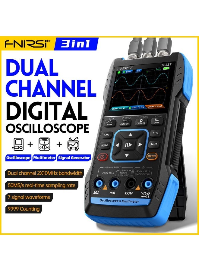 FNIRSI 2C23T 3 in 1 Digital Oscilloscope Multimeter DDS Generator, 2 Channels, 10MHz Bandwidth, 50MSa/s Sampling Rate, 10000 Counts, Voltage, Current, Capacitor, Resistor, Diode Test - Image 1