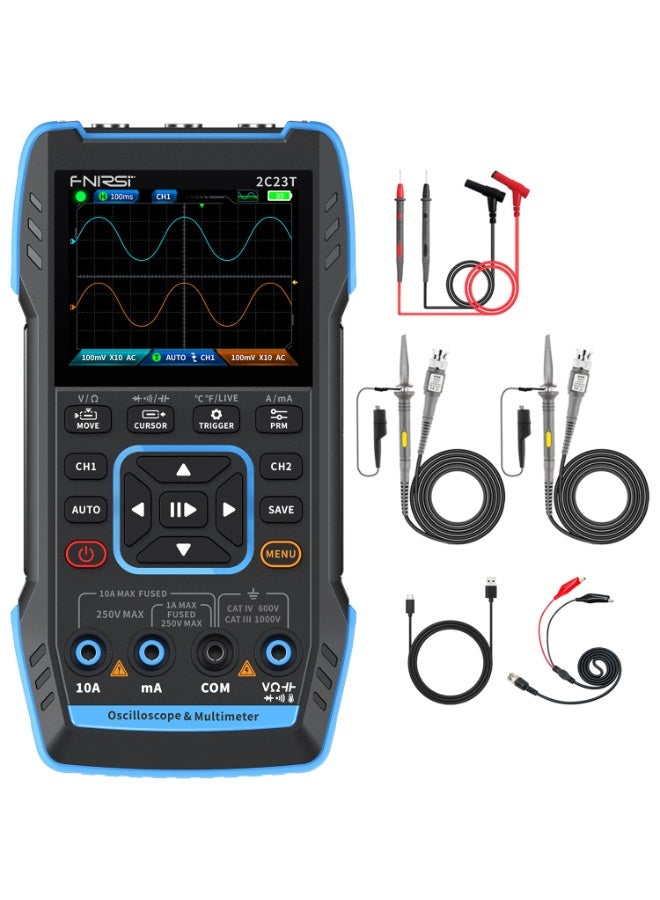FNIRSI 2C23T 3 in 1 Digital Oscilloscope Multimeter DDS Generator, 2 Channels, 10MHz Bandwidth, 50MSa/s Sampling Rate, 10000 Counts, Voltage, Current, Capacitor, Resistor, Diode Test - Image 2