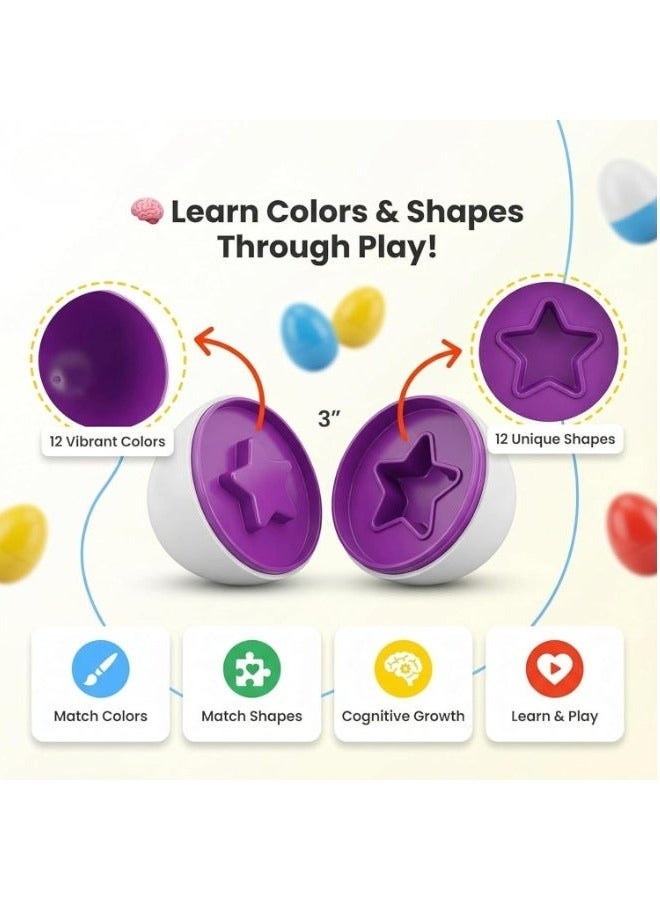 ARGT Matching Eggs 12 Pcs with Hen Storage Case – Shape Sorter Montessori Toy for Toddlers – Color & Shape Recognition Educational Toy for Kids Boys Girls Ages 1 2 3 - Image 2