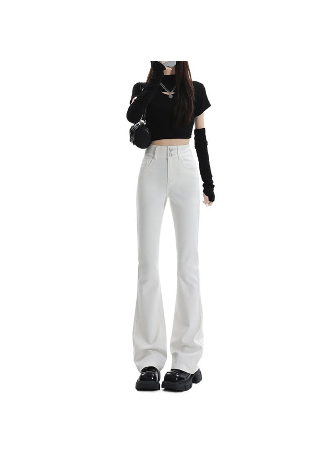 HAPPY White Bootcut Jeans For Women In Autum New Style Small High-waisted Slim Fit Stretch Three-proof Bell-bottom Pants - Image 1