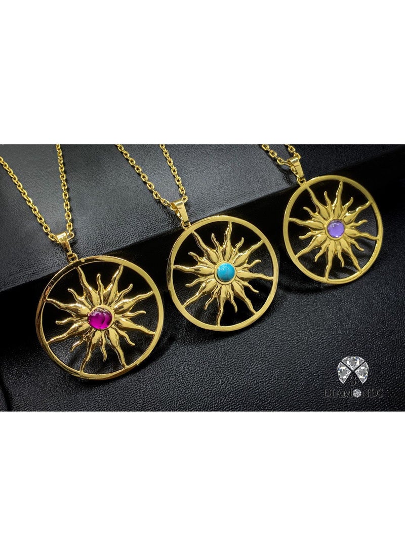 3Diamonds 3DIAMONDS Women’s Gold-Plated Sun Pendant Necklace – Assorted Stone Colors (Random Color Delivery)  - Image 3