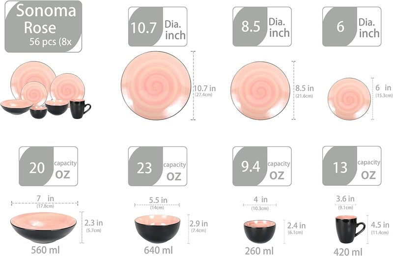 HomeVss Stoneware Sonoma Dinnerware Set Black  Speckled Spin Wash 56pc Set Rose - Image 3