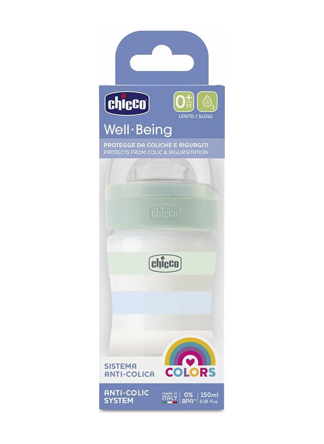 Chicco - Well-Being Silicone Plastic Feeding Bottle 150 ML, Slow Flow 0M+, Green - Image 1