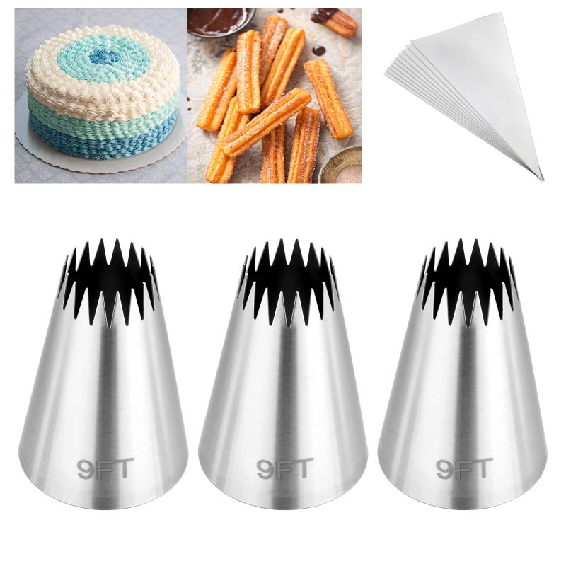 Kasmoire 3Pcs Churro Piping Bags and Tips SetStainless Steel 9FT Icing Tips Set with 10Pcs Disposable Piping BagsOpen Star Pastry Tips for Cake Decorating