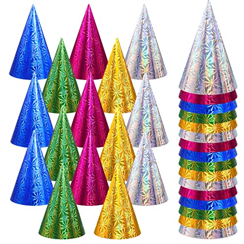 JaGely 100 Pieces Colorful Birthday Party Hats Metallic Foil Cone Hat for Christmas New Year Party Supplies 5 ColorsClassic - Image 1