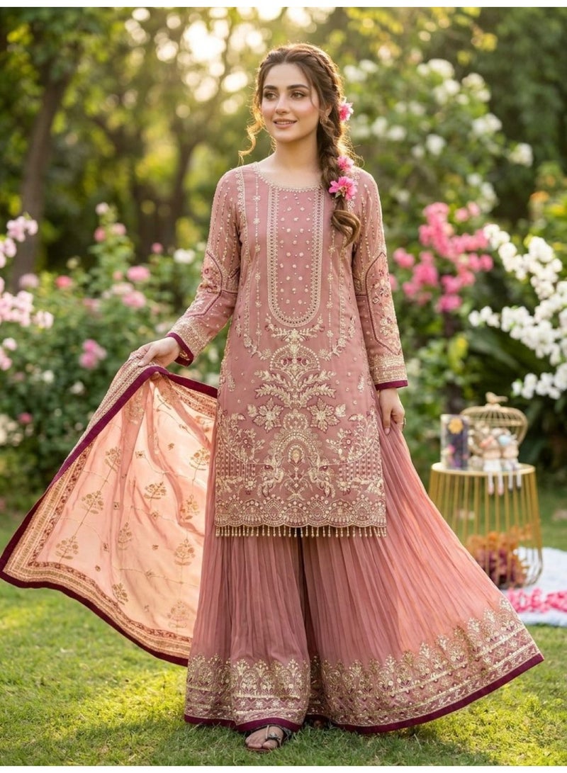 ANAITA بدلة جاهزة من جورجيت الوردي مع تطريز وعمل موتي - Image 1